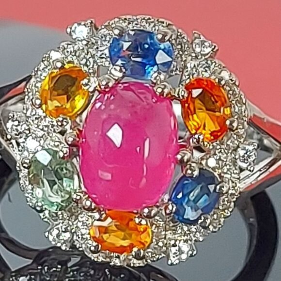 Natural‎ Ruby & Multi-color Sapphire 925 Sterling Silver Ring Sz 8 - Picture 1 of 7